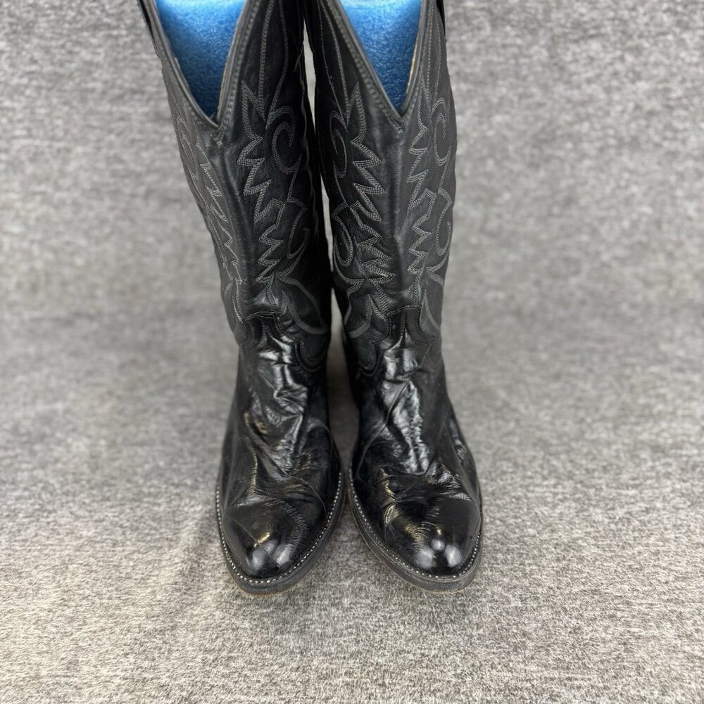 ✅ Mens 9.5D VTG Cowboy Boots Black Leather Almond Toe Embroidered Made In USA - Picture 7 of 11